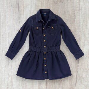 Polo Ralph Lauren Girls 7 Navy Shirt Dress Gold Crest Buttons Preppy Classic